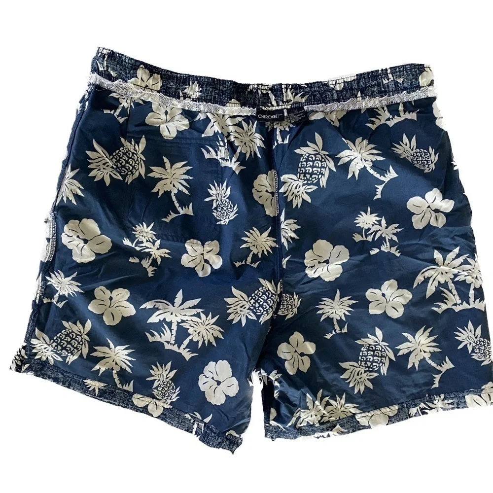 Vintage Cherokee Men’s Swim Shorts / Trunks Blue & White Hawaiian Print Size XL